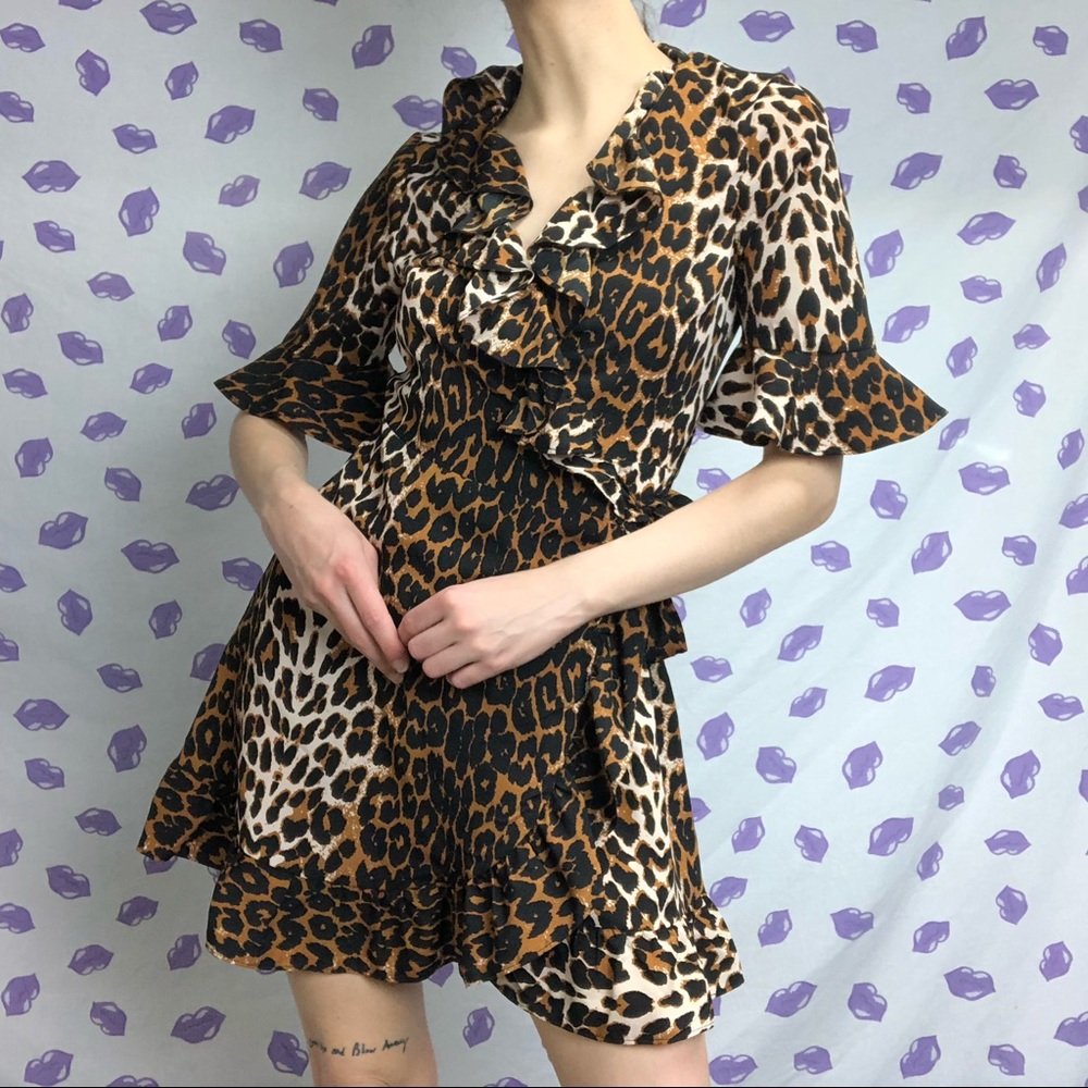 Leopard Print Ruffle Hem Half Sleeve Wrap Dress